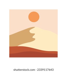 Vector illustration of sunset desert landscape. Wild Western Texas desert sunset with mountains and cactus in flat cartoon style.