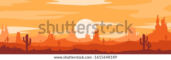 Vector illustration of sunset desert landscape.\
Wild Western Texas desert sunset with mountains and  cactus in flat\
cartoon style.