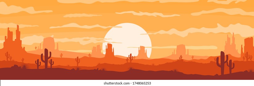Vector illustration of sunset desert panoramic view with mountains and cactus in flat cartoon style.