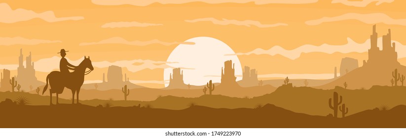 Vector illustration of sunset desert panoramic view with mountain, cowboy and cactus in flat cartoon style.