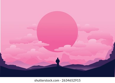 Vector illustration of sunset. Evening mountain view.