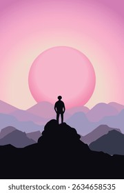 Vector illustration of sunset. Evening mountain view.
