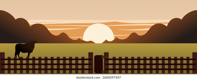 Vector illustration of sunset, evening mountains, cattle farm, dry grassland.
