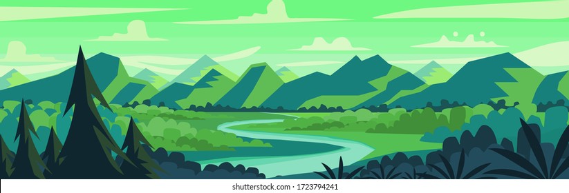 Vector illustration of sunset forest panoramic view with mountains, trees and river in flat cartoon style.