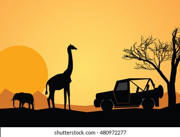 Vector illustration of a sunset with giraffe and elephant