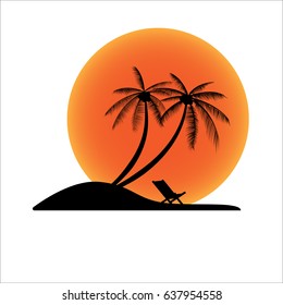 Vector illustration of sunset island with coconut palm tree and beach chair