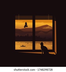 vector illustration of sunset landscape cat on the window