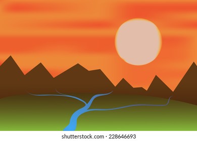 Vector illustration of sunset landscape with mountains and rivers.