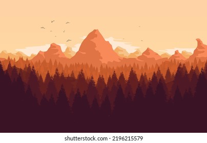 Vector illustration of a sunset landscape with rocks, fir forest, birds and cclouds, autumn or summer landscape, vector background.