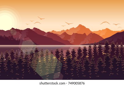 Vector illustration of Sunset in mountain landscape with forest and river