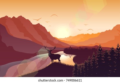 Vector illustration of Sunset mountain landscape with deer in a forest near a lake