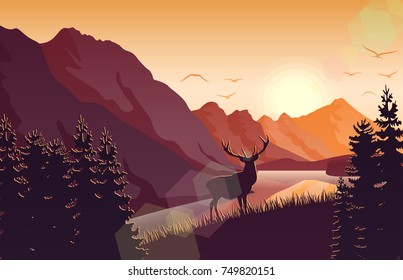 Vector illustration of Sunset mountain landscape with deer in a forest near a lake