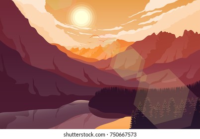 Vector illustration of Sunset mountain landscape with forest and lake