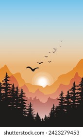 Vector Illustration of Sunset in the Mountainous Pine Fores