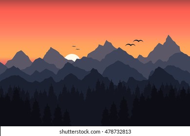Vector illustration of sunset in the mountains