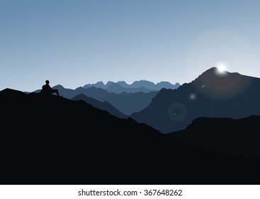 Vector illustration with the sunset in the mountains and with man on the top. Mountains landscape background. 