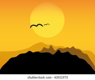 vector illustration of sunset in mountains with pair of birds