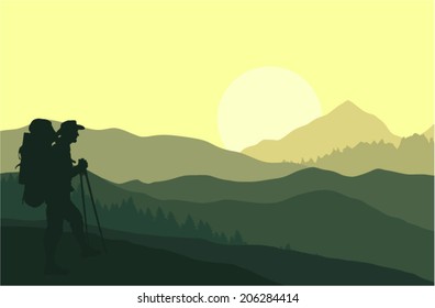 Vector illustration of sunset in the mountains with silhouette of tourist