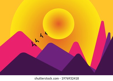 vector illustration of sunset in the mountains with wedge of birds