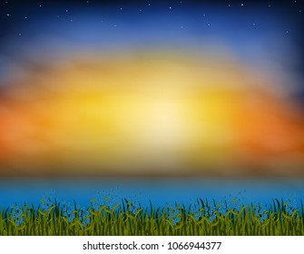 Vector illustration. Sunset natural landscape, natural color framed. Forget-me-not or flax flowers meadows. Nature, horizons Mongo blue. Grass, sky, clouds pattern for ECO product design