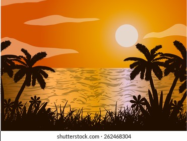 Vector illustration. Sunset in the ocean, beach, palm tree