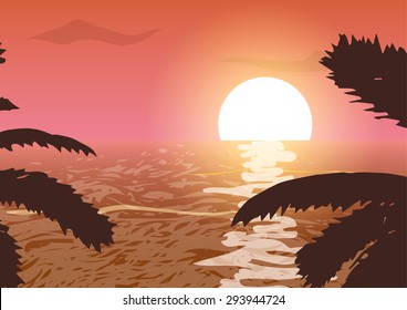 Vector illustration. Sunset in the ocean, beach, palm tree