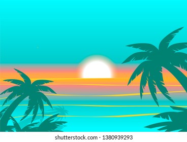 vector illustration of sunset ocean, palm trees and glowing sky