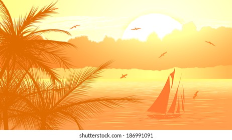 Vector illustration of sunset in ocean with yacht,palm tree, birds and clouds in yellow tone.