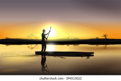 Vector Illustration of Sunset on African River Delta With Man in The Boat, Eps 10 Vector, Gradient Mesh and Transparency Used, Raster Version Available