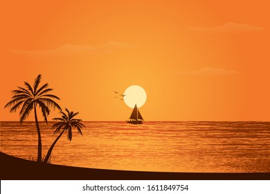 vector illustration of a sunset on the beach with silhouettes of palm trees, seagulls and boat.