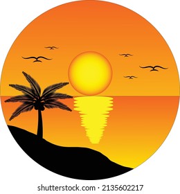 Ilustración vectorial de la puesta de sol en la playa