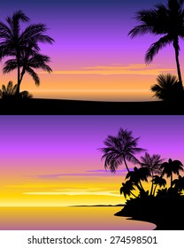Vector illustration of a sunset on beach