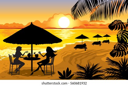 Vector illustration of sunset on the beach and two girls drinking cocktails under a canopy