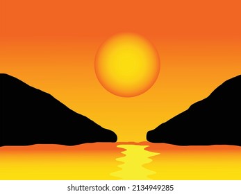 Vector illustration of sunset on the lake