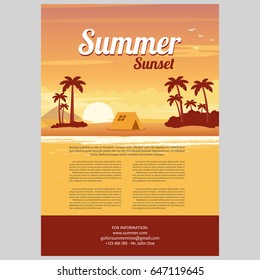 Vector Illustration of the sunset on the sea island beach background with word Summer. Tropical landscape paradise.