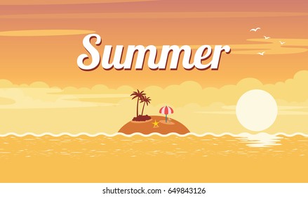 Vector Illustration of the sunset on the sea island beach background with word Summer