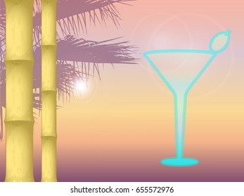 vector illustration of sunset on the sea background in orange colors. silhouette of palm trees in the background. the sun is shining. the trunks of the bamboo. cocktail glass neon