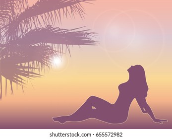 vector illustration of sunset on the sea background in orange colors. Spa on the beach. silhouette of palm trees in the background. the sun is shining. silhouette relaxing girl