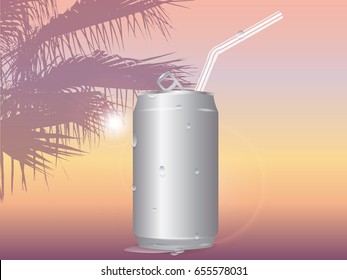vector illustration of sunset on the sea background in orange colors. silhouette of palm trees in the background. the sun is shining. blank aluminum cans in drops of water with a straw for cocktail