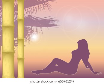 vector illustration of sunset on the sea background in orange colors. the texture of the bamboo in the foreground. silhouette of palm trees in the background. sun is shining. silhouette relaxing girl
