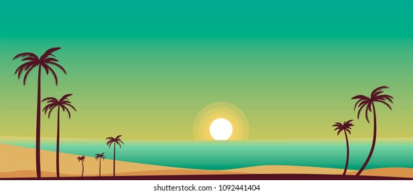 vector illustration of sunset on the tropical beach