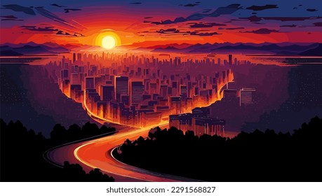 Vector illustration of a sunset over the city with a road in the foreground