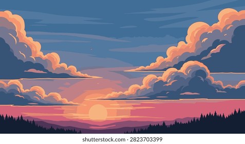 Vector illustration of a sunset over a coniferous forest silhouette. Features a large round sun, layered puffy clouds in orange and pink hues, and a gradient blue to purple twilight sky.