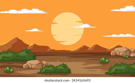 Ilustración vectorial de una puesta de sol sobre las montañas del desierto.