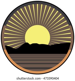 Vector illustration of a sunset over a lake in a circle