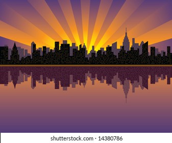 A vector illustration of sunset over Manhattan from the East River.