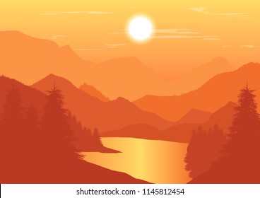 vector illustration of sunset over mountains, forest  and lake