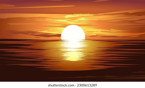 Vector illustration of sunset over ocean with vibrant orange sky