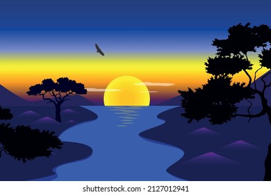 ilustración vectorial puesta de sol sobre el río en la sabana