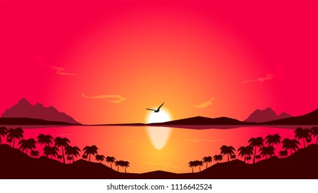 vector illustration of sunset over tropical coast, reflection on the sea surface and rocks 